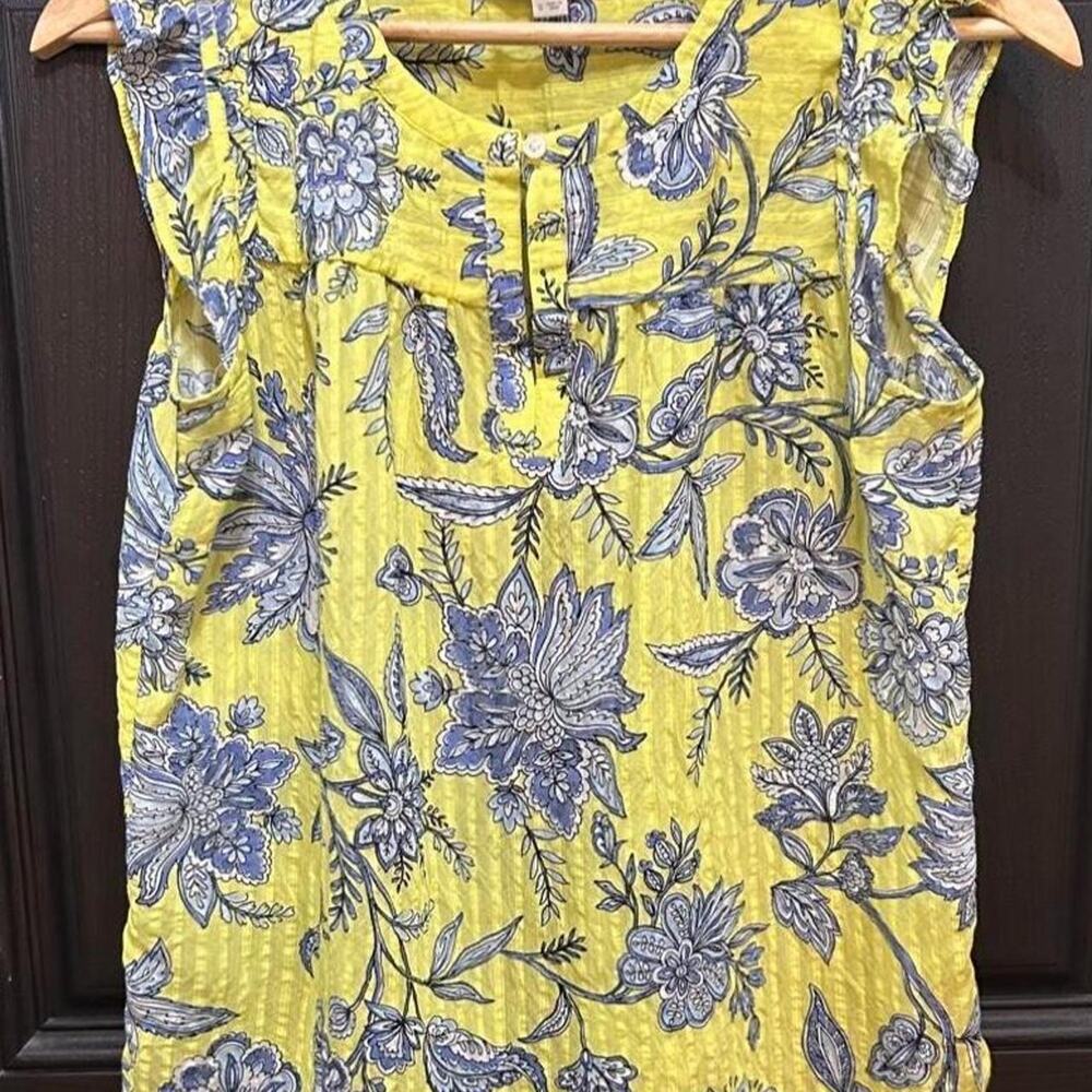 LOFT Floral Ruffle Sleeve Top Size S Yellow Blue Cottagecore Summer Top